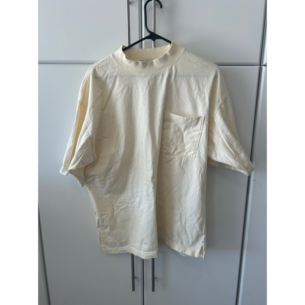 Sears Roebuck and Co Cream Heavy Cotton Mock Neck Pocket Tee Mens XL Boxy Fit